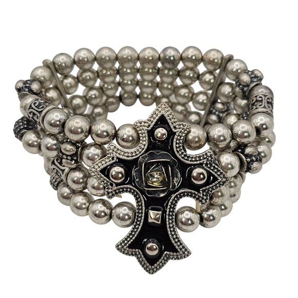 Silver Beaded Bracelet Multistrand Cross Faith Religious Grunge Rock Christian - Picture 3 of 16